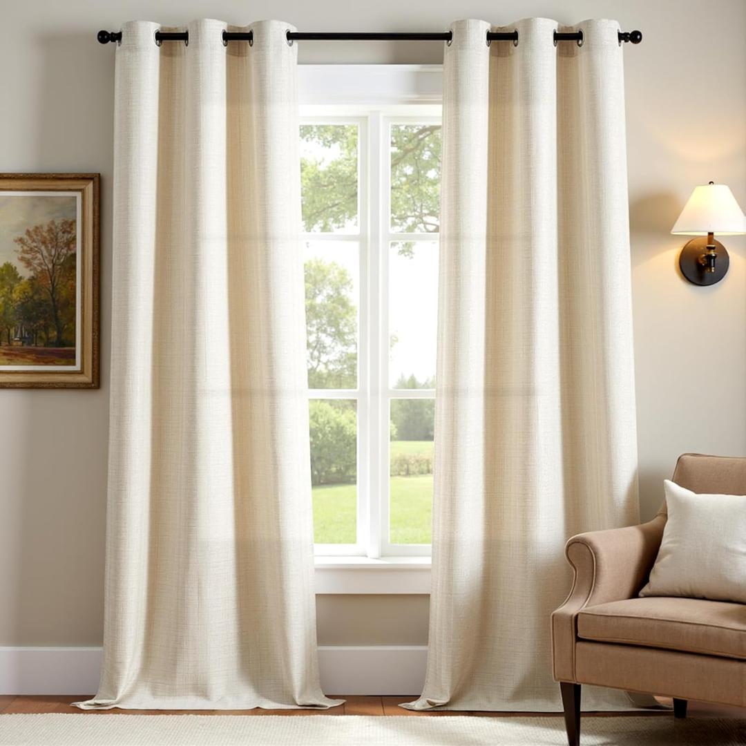 jinchan Beige Linen Textured Curtains 96 Inch Long 2 Panels for Living Room Grommet Top Light Filtering Window Drapes for Bedroom Heathered Beige