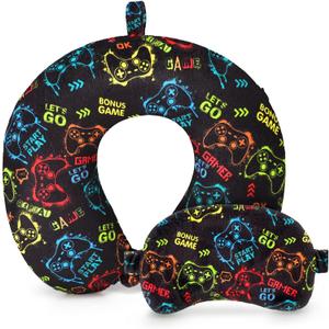 Gilprop 2 Pcs Gaming Travel Pillow with Sleep Eye Mask, U Shaped Memory Foam Headrest & Neck Pillow with Washable Cover, Soft Neck Head Support Travel Accessories for Airplane Car Train Bus Trips