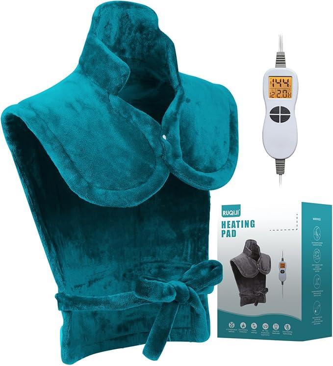 26" x 35" Flannel Neck&Shoulder&Back Heating Pad with 12 Temperature Settings& Countdown timer,Pain Relief for Back/Neck/Shoulders/Menstrual Pain, Christmas Gifts for Women Men Mom Dad(Light Teal)