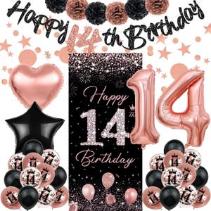 TSVATE Rose Gold 14th Birthday Decorations - Happy Birthday Banner, Backdrop, Balloons, Pompoms & Star Streamers