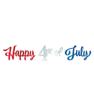Beistle Foil Happy 4th of July Streamers 2 Count, Patriotic Independence Day Red Silver Blue Party Decorations with White Ribbon, USA American Holiday Party Supplies for July 4th, 10” x 5’