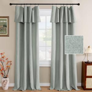 H.VERSAILTEX Linen Curtains with Valance 84 Inch Long 2 Panels Farmhouse Boho Privacy Window Curtains for Living Room Bedroom Ring/Rod Pocket Privacy Light Filtering Drapes, 52x 84 Inch, Heather Sage