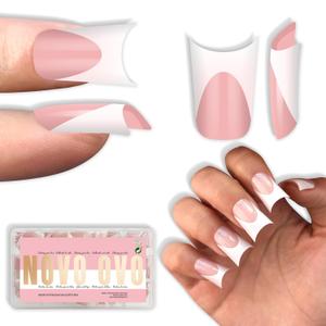 NOVO OVO Duck Nails Short with Moon Curve Light White French Tips BABY PINK Full Cover for Press on Acrylic, Thick Flare Wide French Soft Gel Fake False Nail Extension x 15 Sizes 240 pcs