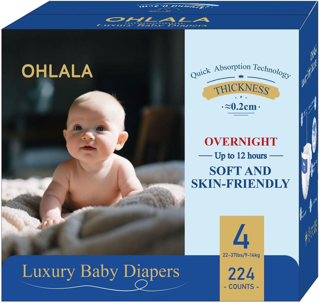 OHLALA Luxury Diapers Size 4 Skin-Friendly & Leakproof | Hypoallergenic | Fragrance-Free | Lightweight | 4 Pack 224counts | 22-37 lbs