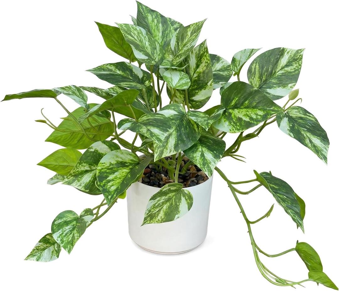 Artificial Plants Faux Pothos with Plastic White Pot Artificial Potted Plant for Home Office Bedroom Indoor Outdoor Decor 1 Pack(Light Green)