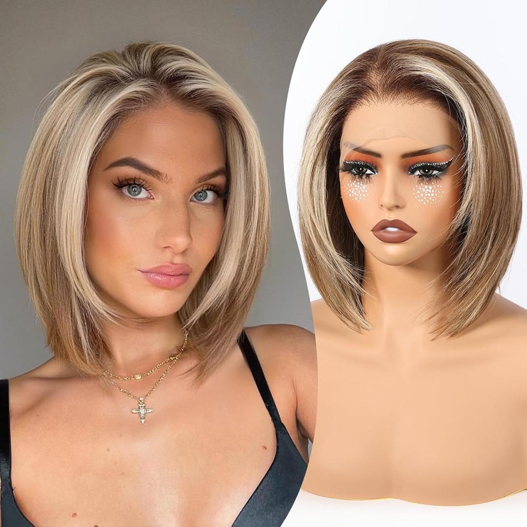 BLONDE UNICORN Blonde Bob Wig with Highlights 136 HD Glueless Straight Synthetic Lace Front Wigs Short Bob Wigs For Women Daily Party Use 12IN