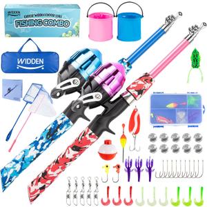 WIDDEN Kids Fishing Pole, Portable Telescopic Kids Fishing Poles for Boys and Girls, Fishing Rod and Reel Combo Kit with Tackle Box, and Fishing Net, Best Fishing Pole for Toddler Youth, Blue Pink