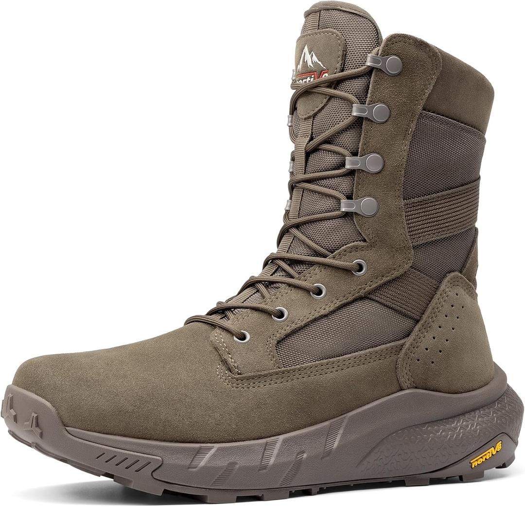NORTIV 8 Men's Breathable Tactical Military Work Boots Side Zipper Leather Lightweight Hiking Motorcycle Combat Boots 8 Inches Peakforce (Olive)
