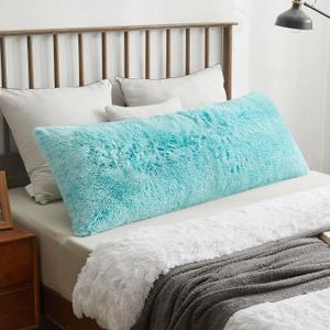 XeGe Cozy 20x54 Long Furry Body Pillow Sham, Plush Fuzzy Faux Fur Body Pillowcase with Zipper, Rectangular Fluffy Pillow Cover for Pregnant Women Side Sleeper, Shaggy Bedding Pillow Aqua Ombre