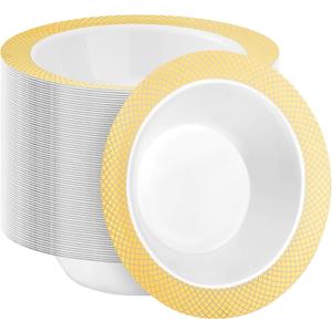 100 Pack Plastic Bowls with Gold Rim, 12oz Disposable Soup Bowls, Heavy Duty Plastic Salad Bowls for Parties, Weddings, and Everyday Use