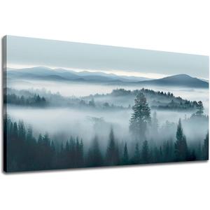 Foggy Forest Canvas Wall Art Indigo Misty Forest Pictures Blue Grey Abstract Mountain Trees Painting Artwork Nature Scene Canvas Art for Living Room Bedroom Home Office Wall Decor 24" x 48"