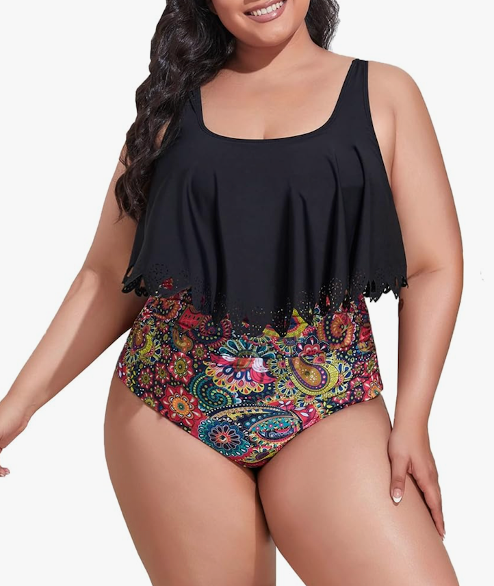 Mooncore Womens Plus Size Swimsuit High Waisted Tankini Bathing Suits Two Piece Flounce Bikini Swimsuit, 3XL