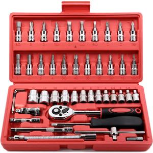Egofine 46 Pieces 1/4 inch Drive Socket Ratchet Wrench Set, with Bit Socket Set Metric and Extension Bar for Auto Repairing and Household, with Storage Case