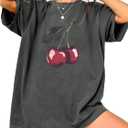 RoseSeek Women's Cherry Graphic Tees Top Crewneck Short Sleeve Baggy T Shirt (XS)