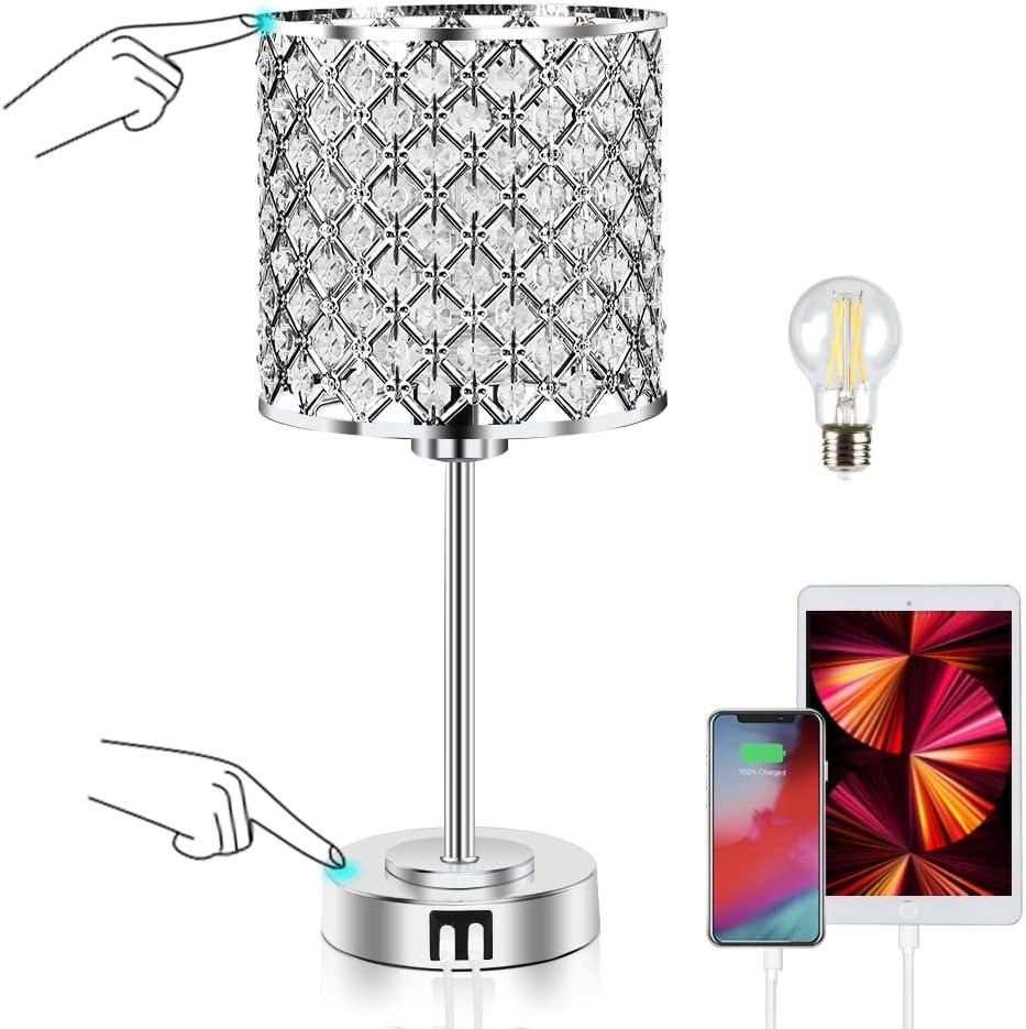 GyroVu Crystal Table Lamp, Touch Control Table Lamps with USB C+A Ports - 3 Way Dimmable Bedside Lamp with Bulbs, Crystal Nightstand Lamp Modern Light for Bedroom, Living Room, Bulb Included (17", Silver)