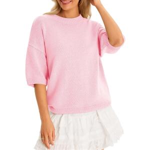 Cicy Bell Womens Short Sleeve Sweaters Oversized Crew Neck Knit Pullover Tops Summer Loose Fit Sweater (Large, Pink)