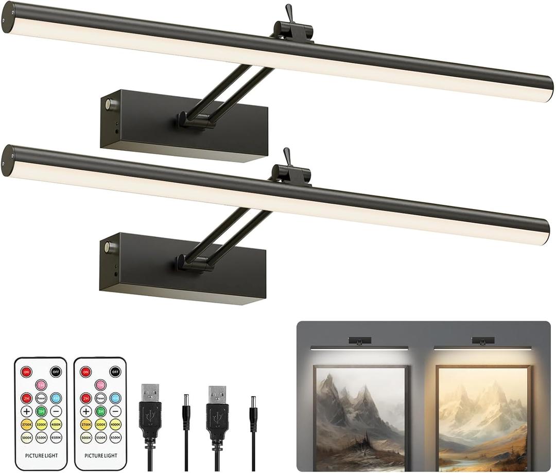 Mocalido 2 Pack Picture Light Battery Operated for Wall, 16in 6 Colors Wireless LED Art Light for Painting with Remote, 5200mAh Dimmable Frame Lights for Gallery, Black