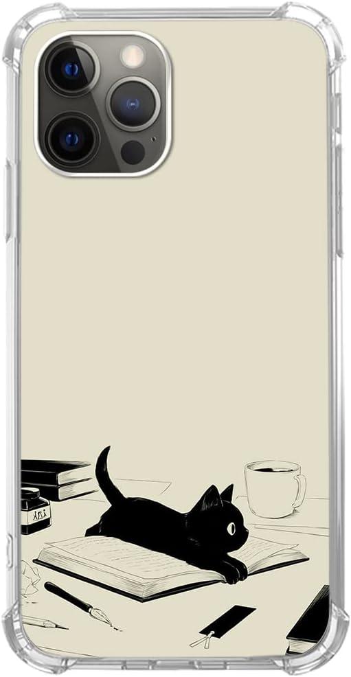 Black Cat and Books Case Compatible with iPhone 15 Pro, Cute Black Cat Case for iPhone 15 Pro, Cool TPU Bumper Phone Case Cover