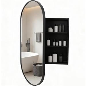Brushed Black Metal Medicine Cabinet Oval-Design,Bathroom Mirror with Storage, Recessed or Surface Mounted, 2 Adjustable Metal Shelves (Brushed Black, 20x32)