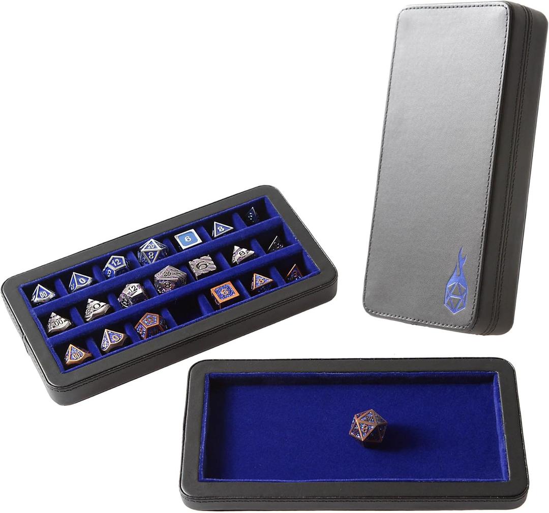 Forged Dice Co. Reliquary Standard Divided Dice Case with Dice Tray for Polyhedral Dice Sets - 21 Felt-Lined Chambers - Magnetic Lid Closure - Metal Dice Storage Box - Blue