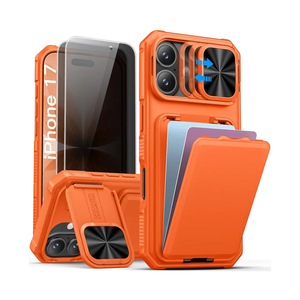 SSLOTSCASE for iPhone 17 Case with 2X Privacy Screen Protector, Hidden Card Holder & Camera Stand & Kickstand & Slide Camera Lens Cover & Wallet, Hard Phone Case Cover for iPhone 17 6.3'', Orange