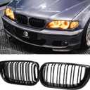 E46 Grille, Front Kidney Grill Compatible with BMW 3 Series 2002-2005 E46 4-Door 320i 325i 325xi 330i 330xi Double Slats Gloss Black Grill