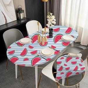 Summer Fruits Fitted Oval Tablecloth 48x68 Inch with Elastic Stretchy Washable Fabric Table Cloth Non Slip Party Dining Table Cover Wrinkle Free Watermelon