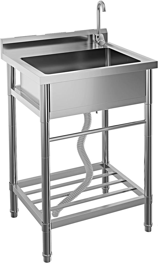 Stainless Steel Utility Sink, Free Standing Single Bowl Kitchen Sink with Faucet, Hot and Cold Water Pipe, Freestanding Commercial Sink for Garage, Shop, Laundry, Sliver (24") (24*20*41inch, Silver)