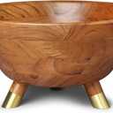 12.5 inch Acacia wood bowl with 2 serving utensils | 3 Brass legs | 6.6 quarts | Wooden Salad bowl for Salad, Fruit, Rice, Popcorn, pasta | Serving bowl for breakfast, lunch or dinner (Large)