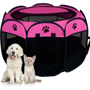 Dog Cat Playpen,Portable Puppy Kitten Pet Playpen Indoor for Small Dogs,Foldable Pet Exercise Pen Tents Cat House for Puppy Kitten Indoor Outdoor Travel Camping Use Removable Zipper Top (Pink)