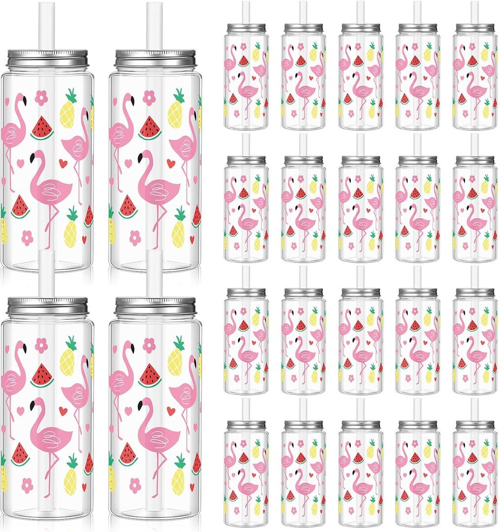 Baderke 24 Pcs Hawaiian Plastic Cups with Lids and Straws 13.5 oz Tropical Luau Clear Drinking Cup for Whiskey Soda Tea Juice Smoothies Coffee Milk Beach Birthday Party Supplies (Flamingo)