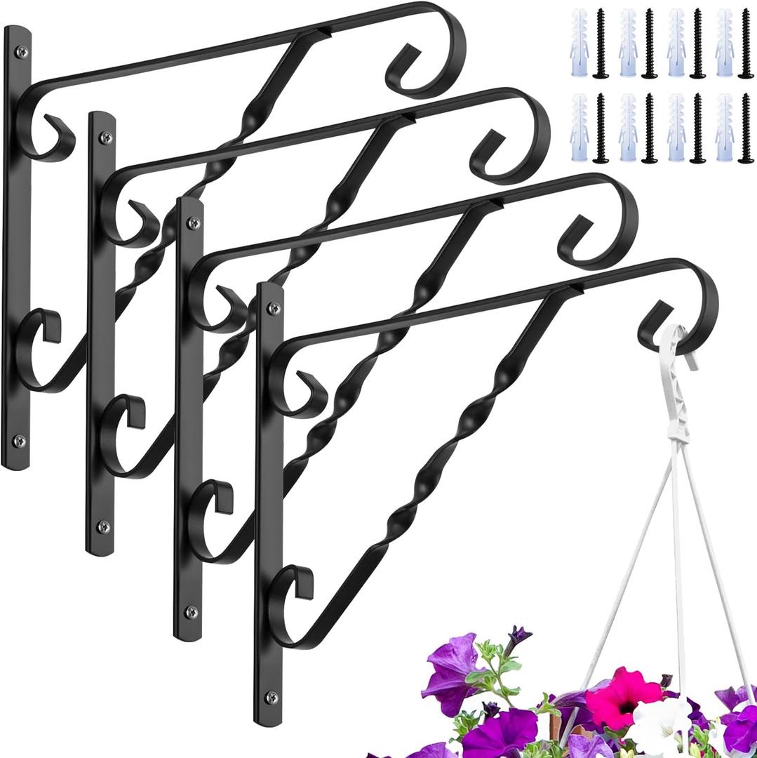 AMAGABELI GARDEN & HOME 4 Pack Hanging Plant Brackets Outdoor 12" Metal Fence Wall Plant Hanger Hooks for Hanging Flower Baskets Bird Feeders Lanterns Wind Chimes Rust-Resistant Black