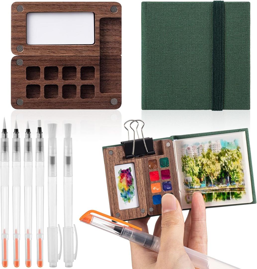 Qilery Mini Portable Watercolor Palette Set Wooden Grid Paint Box Watercolor Paper Sketch Book Brush Pens with Binder Clip for Painters Artist Not Include Paint(Pine Green)