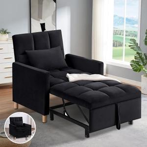 70'' Convertible Chair Bed, Extra Long Teddy Fabric Single Pull Out Sofa, 4 in 1 Adult Sleeping Recliner With Pillow, Adjustable Backrest, Black