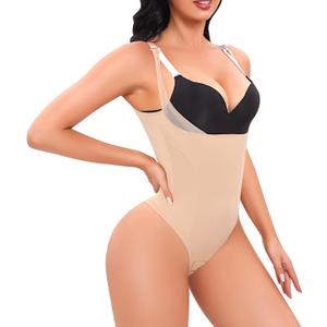 Thong Shapewear Bodysuit for Women Tummy Control Open Bust Body Shaper Slimmer Shaping Thong Underwear, Small, Beige