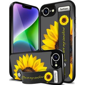 Compatible for iPhone 16e Case Cute with Strap Stand Finger Kickstand, Designer Cool Silicone Cases Funda Cover - Yellow Sunflower