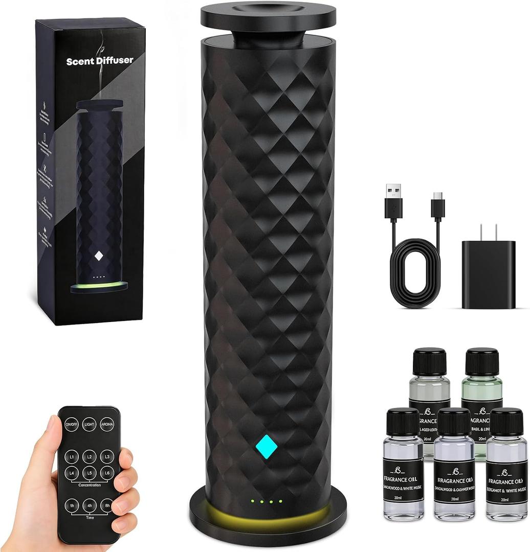 Waterless Scent Diffuser Starter Kit Remote Control Cold Air Scent Diffuser Oil Machine with 5 Oils 1000 Sq Ft Coverage Quiet Nebulizing Aromatherapy for Home Office Bedroom & Spa