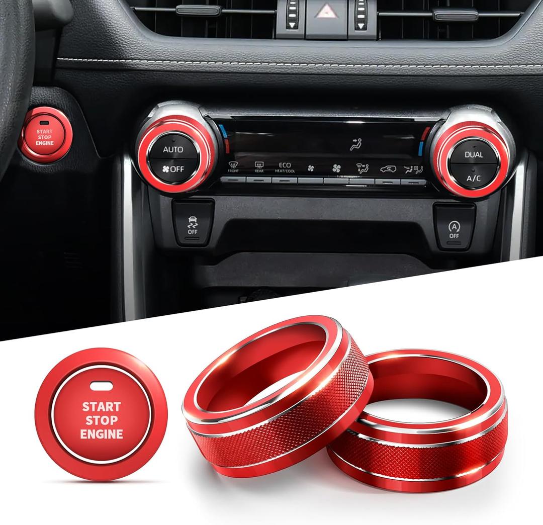 for Toyota RAV4 Accessories 2025 2024 2023 2022 2021 2020 2019 -Air Conditioning Knob Covers, Push Start Button Cover Trim Rings 4pcs (Red)