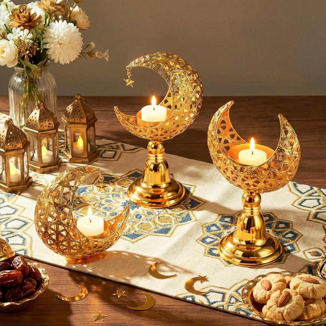 Yungyan 3 Pcs Ramadan Candlestick Holder Eid Mubarak Metal Moon Shape Tealight Candle Holder Ramadan Candle Stand Table Centerpieces for Islamic Party Wedding Festival Gift Decor