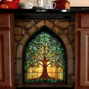 Dishwasher Magnet Cover 23x25.5 inch, Stained Glass Tree of Life Magnetic Dishwasher Door Cover, Decorative Kitchen Appliance Decal for Refrigerator Front Metal Panel Decor