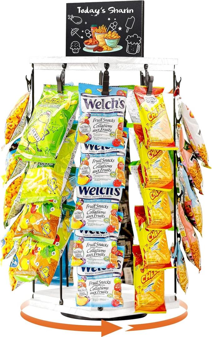 Pinzoveco Chip Rack Display Stand, 5 Tiers 40 Clips Snack Organizer for Office Desk, 360 Rotating Wooden Base Chip Holder Candy Display for Concession Stand, Countertop, Party, With Message Board (White)