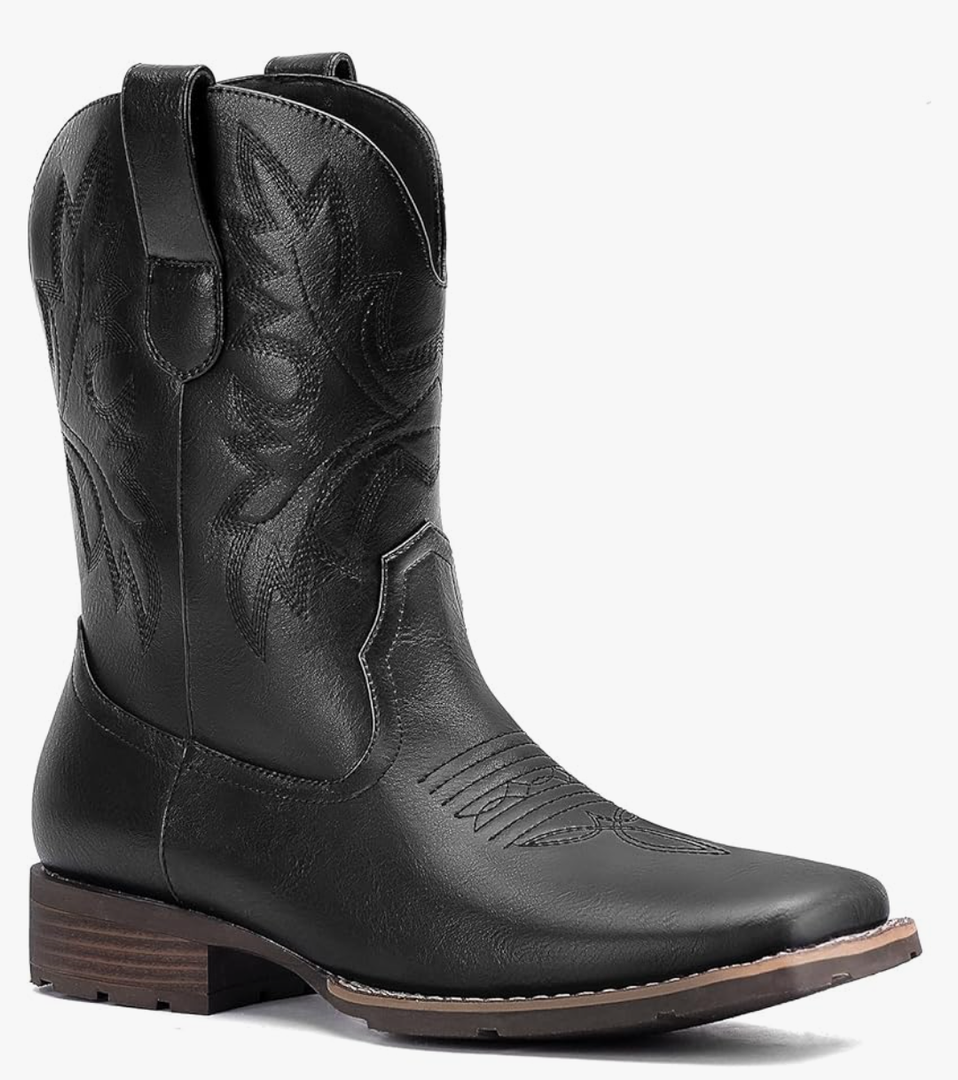 Lumeheel Cowboy Boots for Men - Western Men's Boots with Classic Embroidered, Slip on Square Toe Boots, Slip Resistant Country Boots Chunky Heel Ankle, Durable Short Boots for Spring Fall 7,5