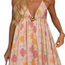 BEAUDRM Women's Y2K Metal Halter Mini Dress Deep V Backless Flowy Summer Vacation Dresses Multi Graphic Medium