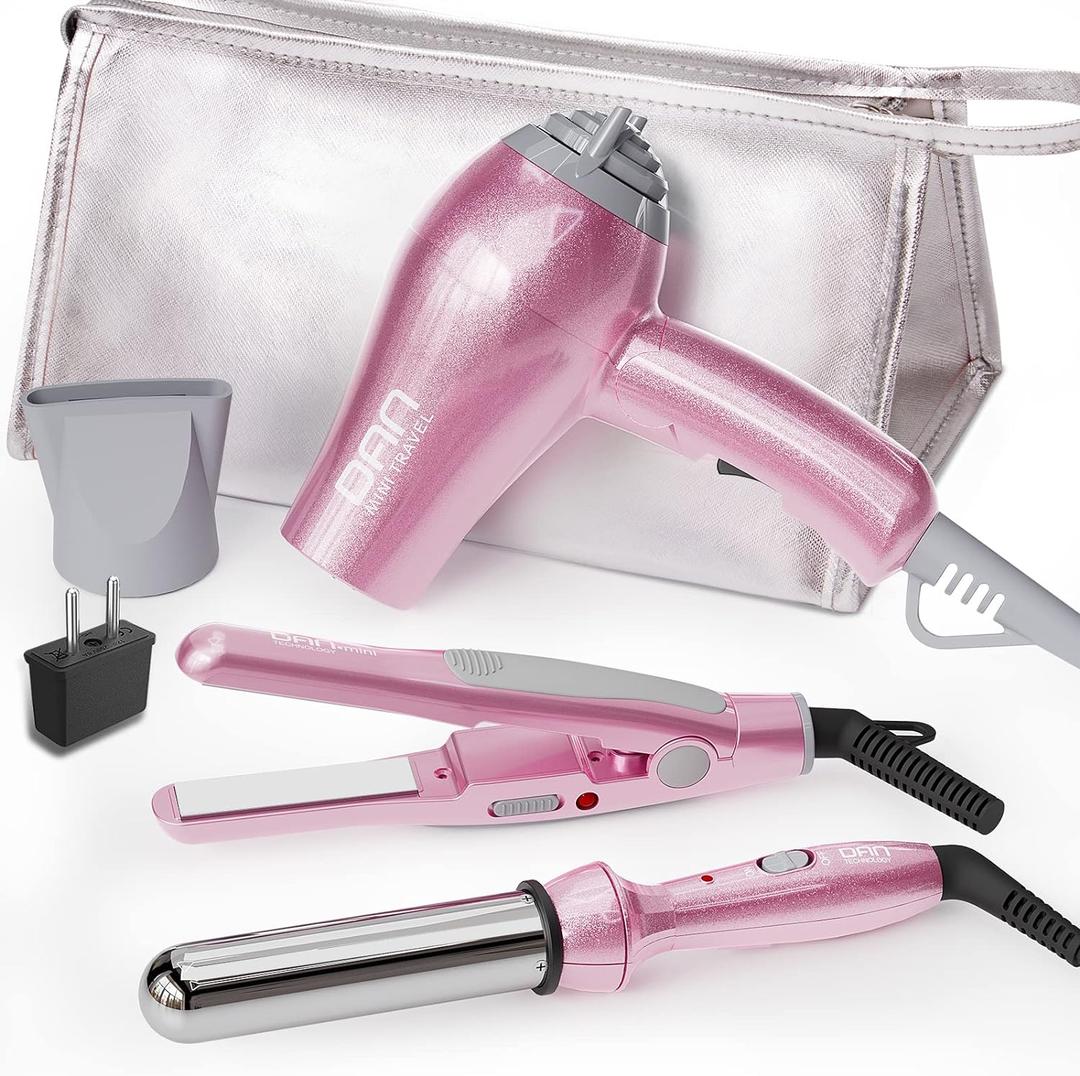 DAN Technology Hair Styling Set, Including Travel Hair Dryer, Mini Flat Iron, and Travel Curling Iron with European Plug, Dual Voltage, Portable Storage Bag, Pink