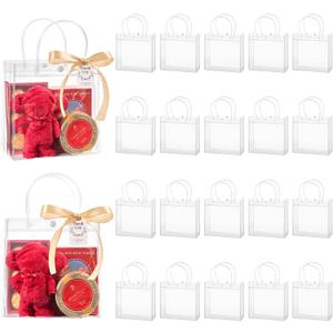 Mauproy 50 Pack Clear Plastic Gift Bags with Handles, Party Favor Bags with Ribbons and Tags, Reusable Goodie Tote Bags for Wedding Baby Shower Christmas (6.9 x 6.9 x 3.5")