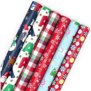 Hallmark Kids Christmas Wrapping Paper Rolls with Cutlines on Reverse (6 Rolls: 180 Sq. Ft. Total) Dinosaur, Unicorn, Flamingo, Koala