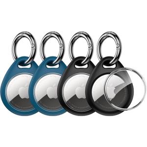 UNBREAKcable AirTag Holder for Apple - 4 Pack Air Tag Case [Fit Tightly Design] [Easy to Install] [Hold Securely] Waterproof TPU Protective Cover with Metal Keychain for Kids,Pet,Luggage,Backpack,Keys (Black & Blue)