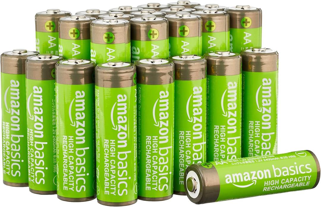 Amazon Basics Rechargeable AA NiMH High-Capacity Batteries, 2400 mAh, Pre-Charged, Recharge up to 400x, 24-Pack