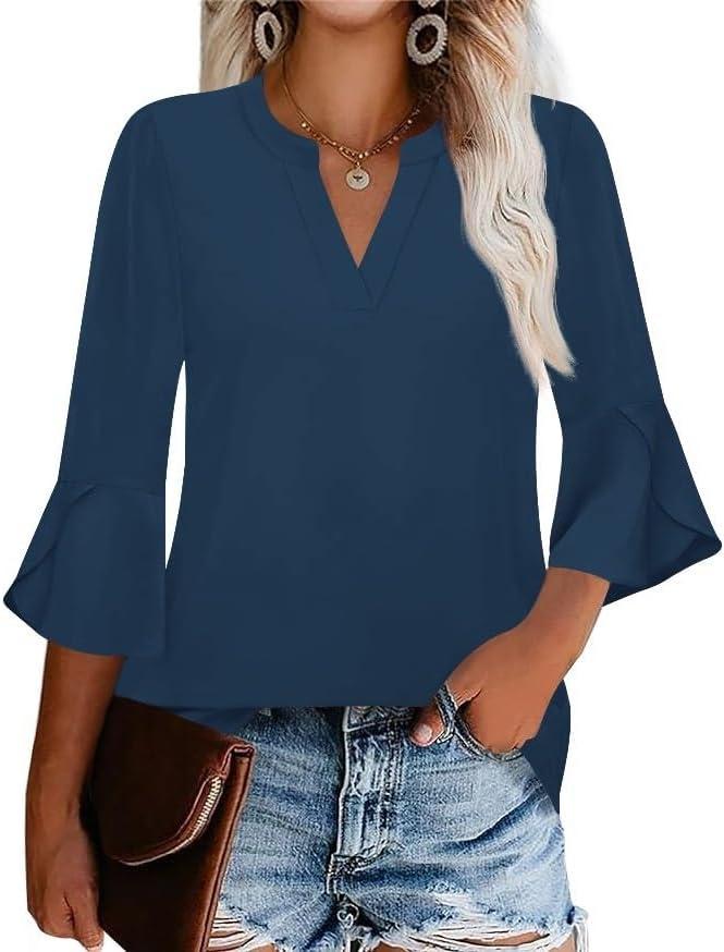 AKEWEI Women's 3/4 Length Bell Sleeve Tops V Neck Dressy Casual Shirts Ladies Loose Fit Blouses Tunic (Blue) 3XL