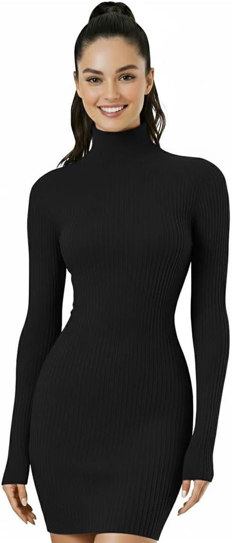 v28 Women Turtleneck Long Sleeve Bodycon Fall Winter Mini Slim Knit Sweater Dress (Medium, Black)